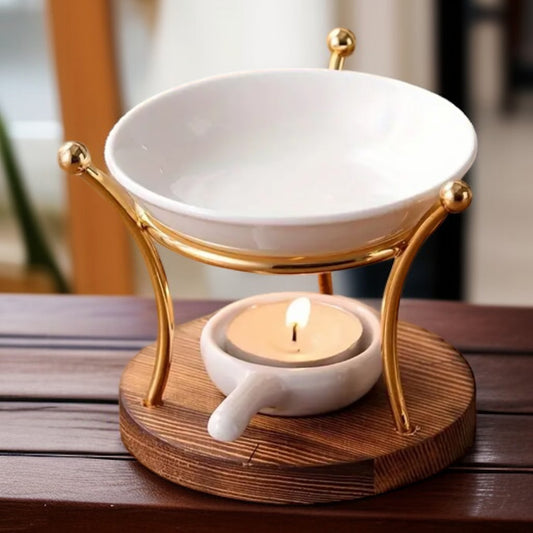 Brucia essenze in metallo dorato con piattino in ceramica, elegante e moderno, perfetto per tart profumate.