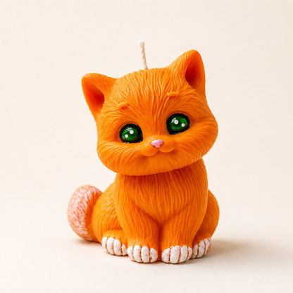 Candela a forma di gattino arancione con occhi verdi, realizzata a mano.