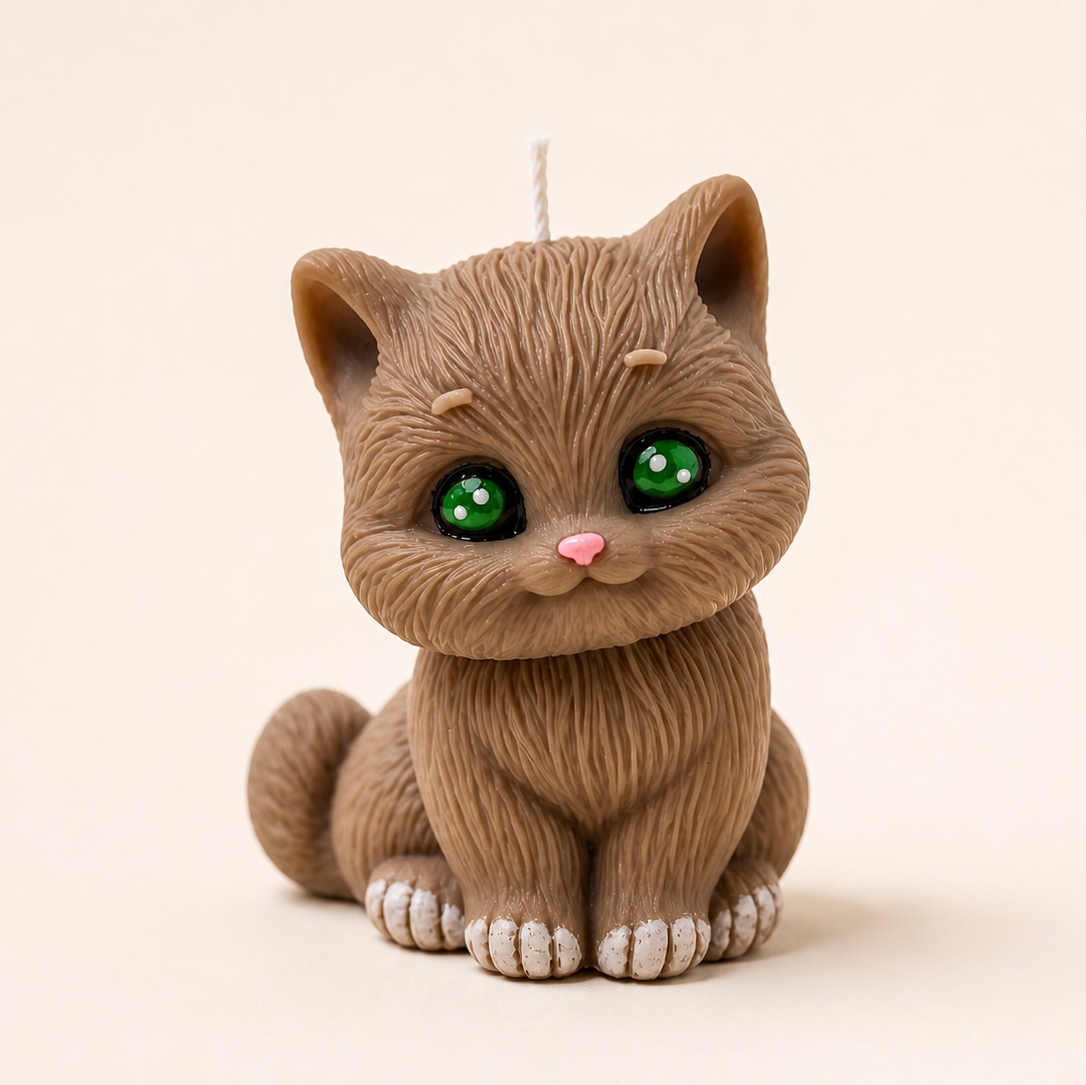 Candela a forma di gattino marrone con dettagli realistici, candela decorativa.