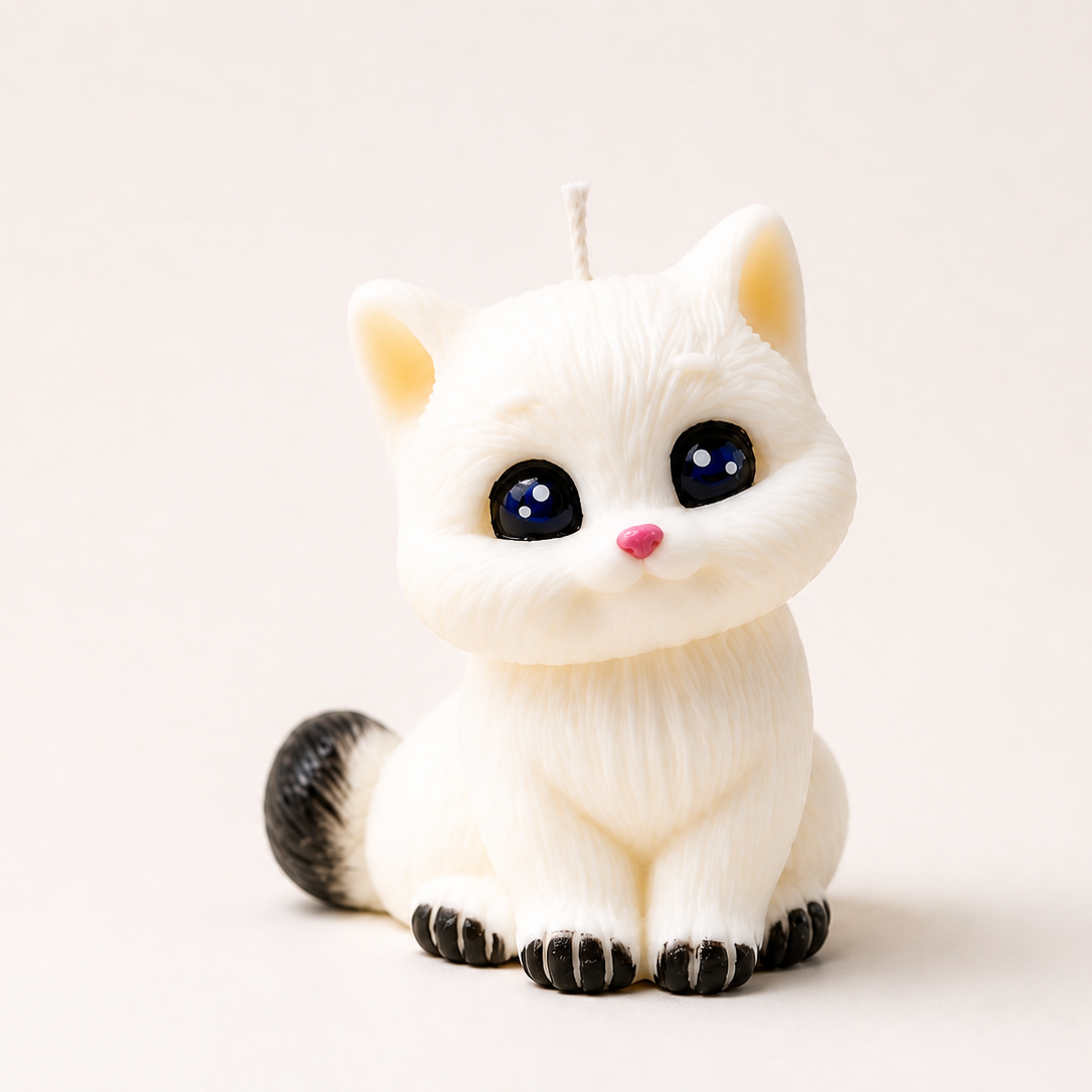 Candela a forma di gattino bianco con occhi blu, decorativa artigianale.