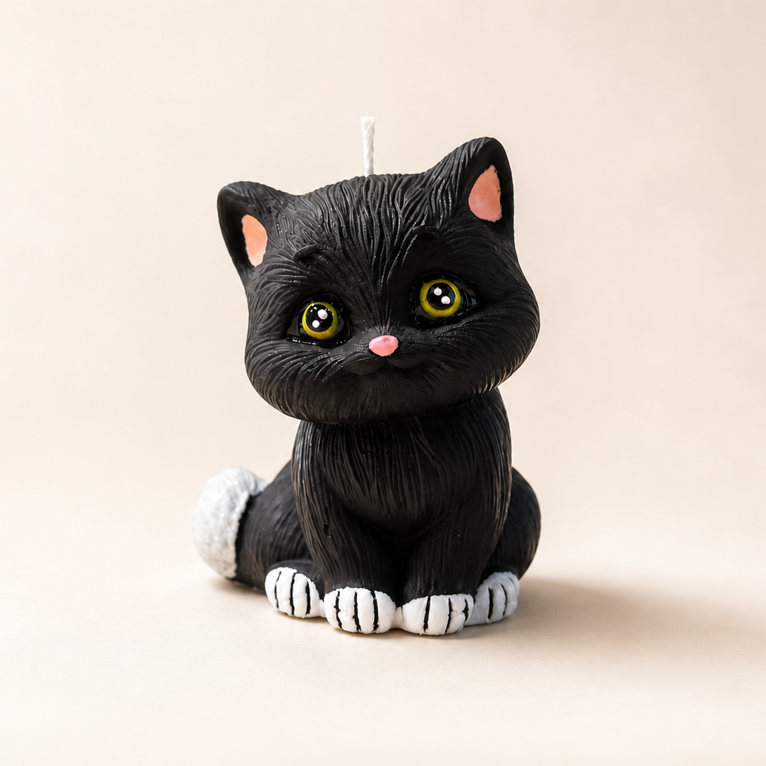 Candela a forma di gattino nero con occhi gialli, design moderno e artigianale.